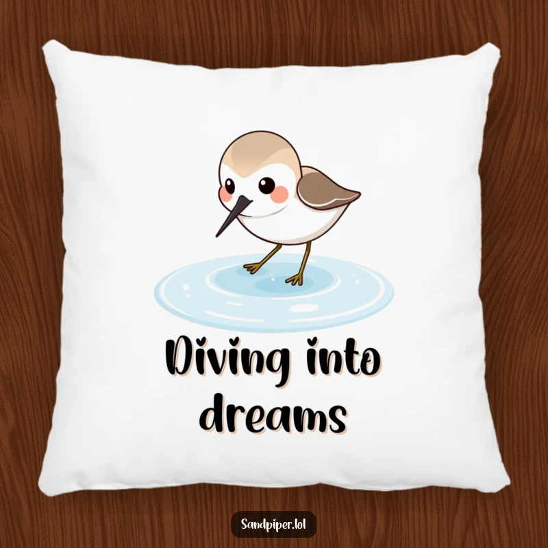Funny Sandpiper Pillow featuring a joyful sandpiper character probing in shallow water, adding comfort and coastal vibes.