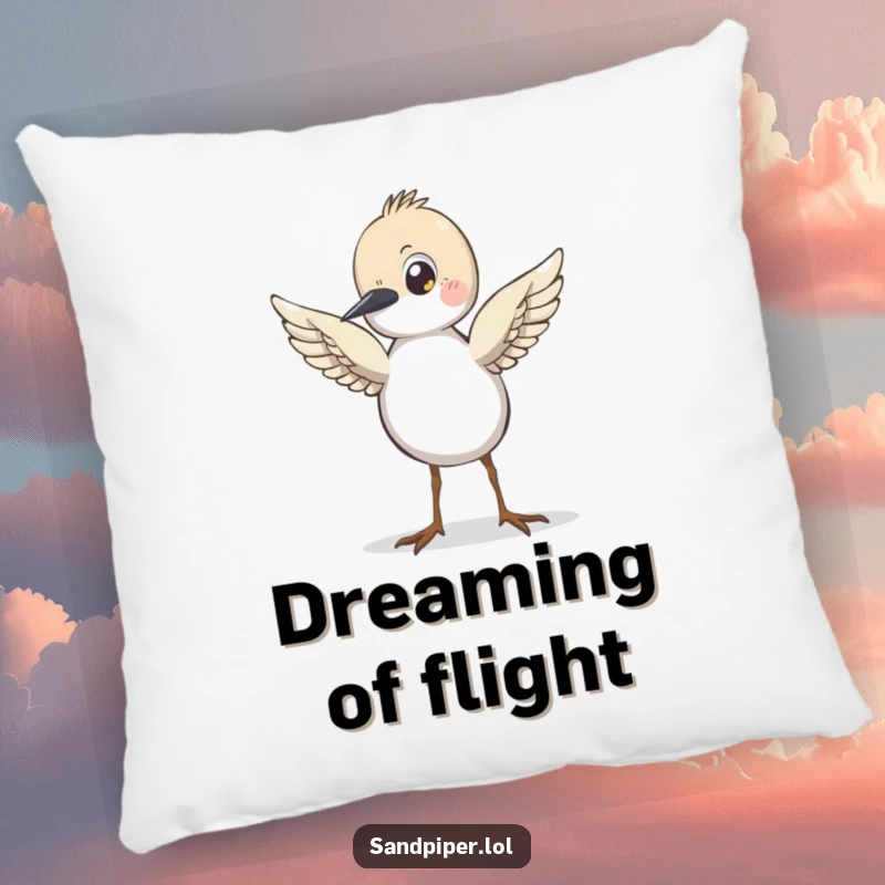 Funny Sandpiper Pillow, featuring a cartoon bird with wings slightly raised, looking eager to fly, perfect for cozy relaxation.
