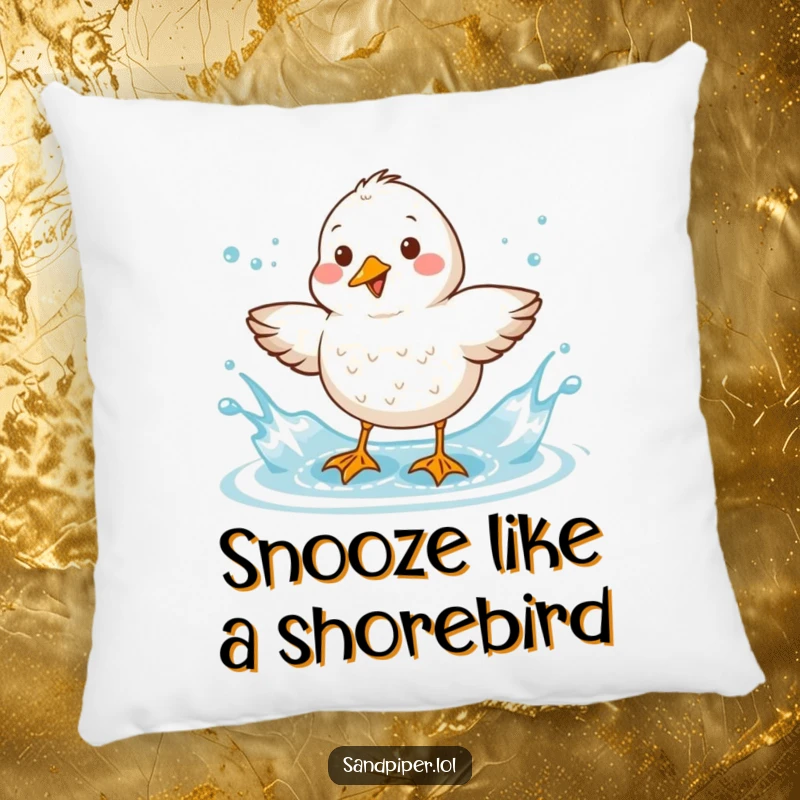 Funny Sandpiper Pillow: A cute sandpiper happily shakes water off its wet feathers, creating a joyful splash.