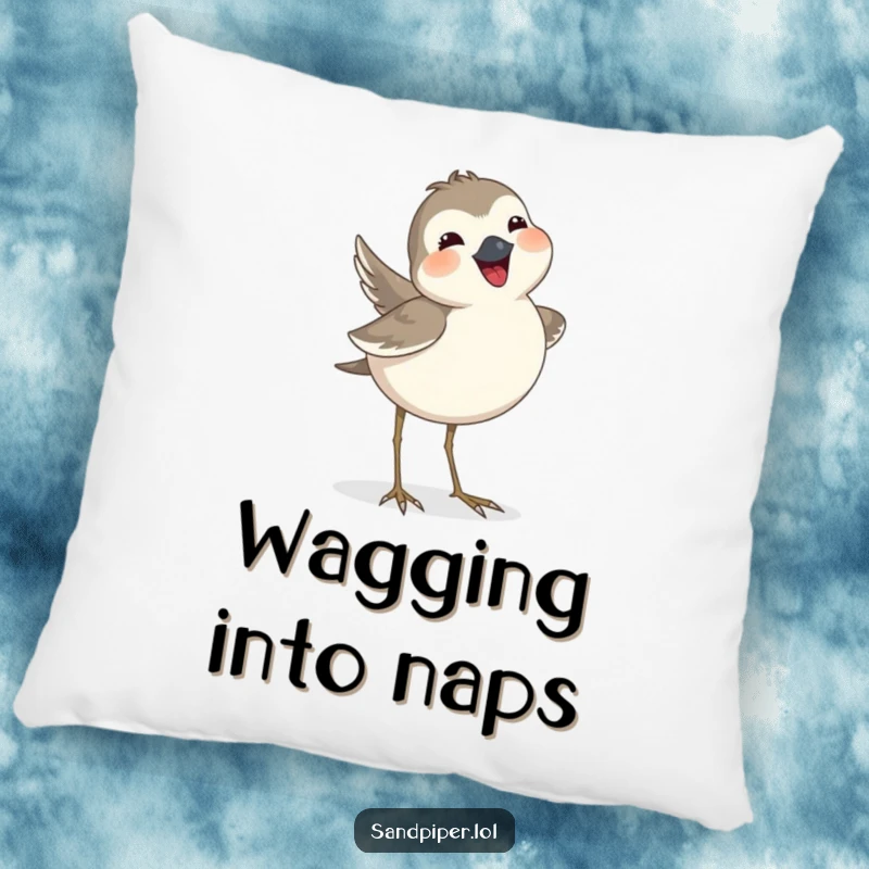 Funny sandpiper pillow decorated with a bird joyfully wagging its tail feathers, adding a cozy and cheerful touch.