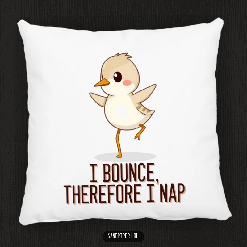 Funny sandpiper pillow featuring a cute bird happily hopping with a determined and energetic gait, perfect for decor.