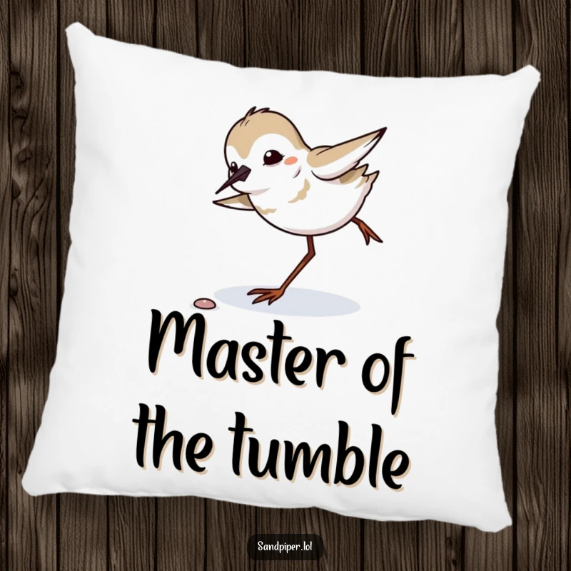 Funny sandpiper comically tripping and regaining balance, plush pillow, comfortable and humorous accent.