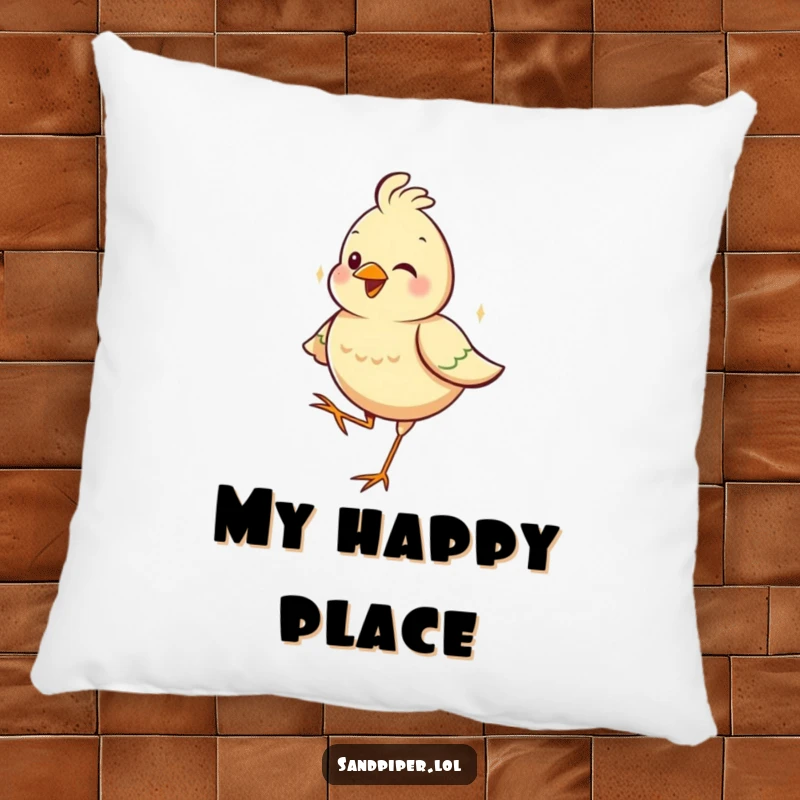 Funny pillow illustrating a happy bird standing on one leg, conveying serenity and a pinch of comical equilibrium.