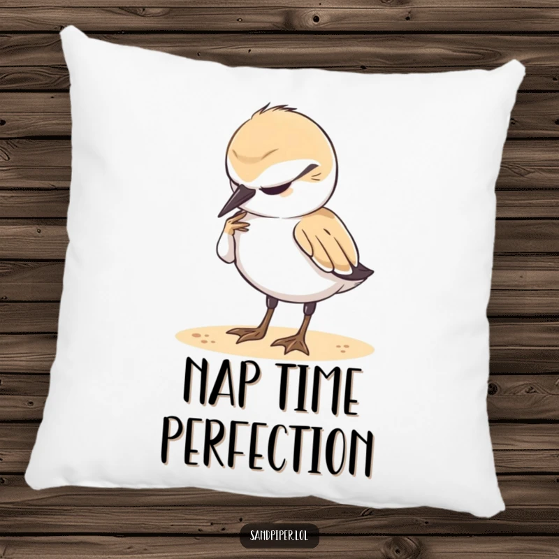 Funny Pillow: A cute sandpiper with closed eyes appears deeply content while preening its feathers, a soft decorative item.