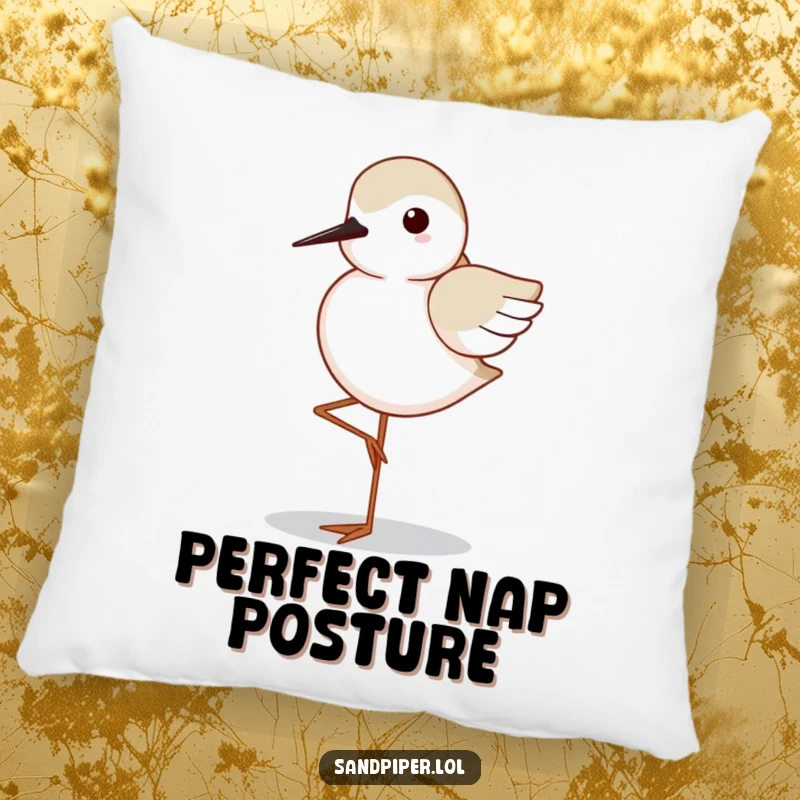 Funny Sandpiper Pillow: Soft cushion featuring a sandpiper in a humorous, perfectly balanced one-legged pose, adding serenity.