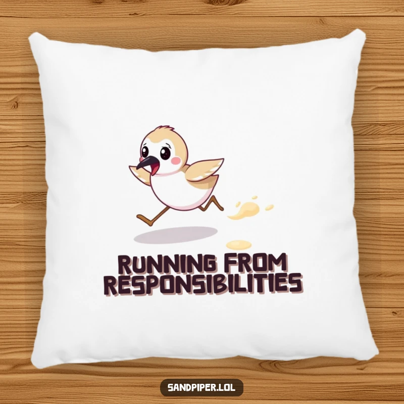 Funny pillow with a cute sandpiper character energetically running on a sandy beach, bringing seaside cheer. A delightful funny gift.