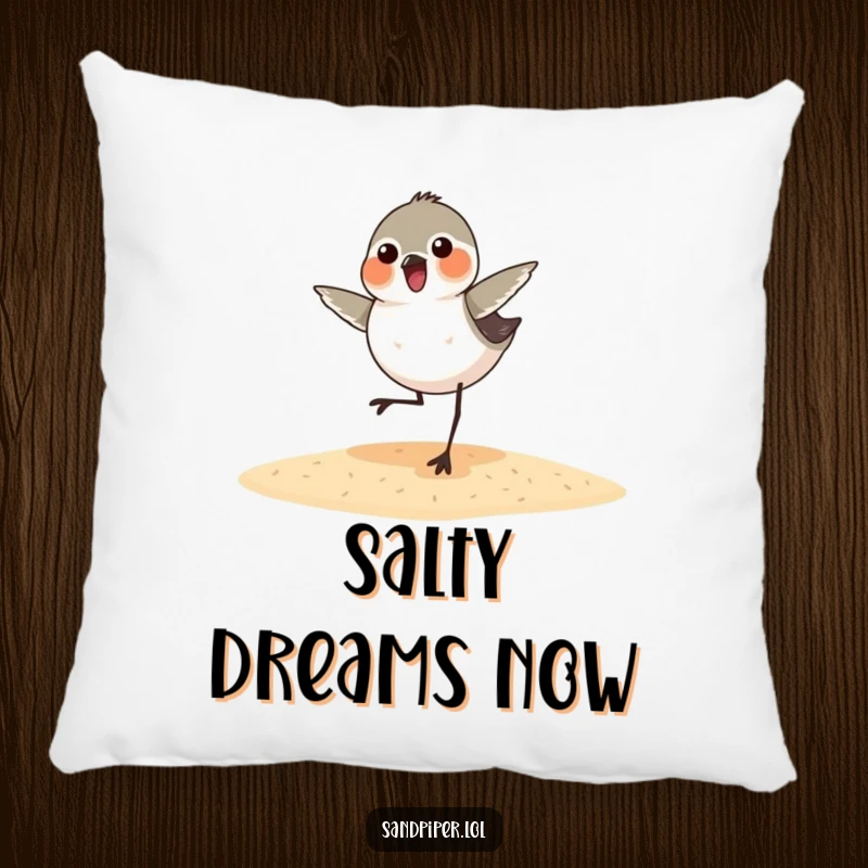 Funny sandpiper pillow featuring a bird joyfully dancing on the sand, adding a touch of humor and comfort to any room