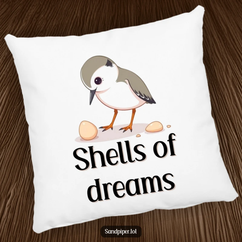Funny pillow featuring a sandpiper character inquisitively pecking at a small shell, perfect for adding a touch of gentle curiosity.
