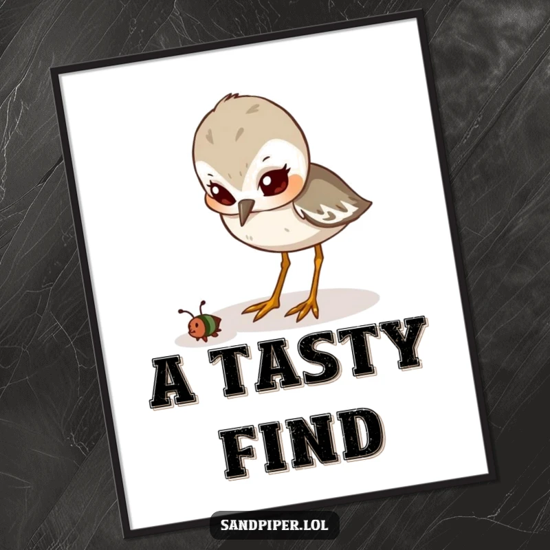 Funny Digital Art Print: A cute sandpiper with a determined expression intently pecks at a small insect, exuding focus.