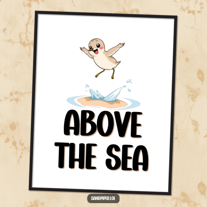 Funny sandpiper digital art, joyful bird leaping over wave, humorous download, instant wall decor, great gift.