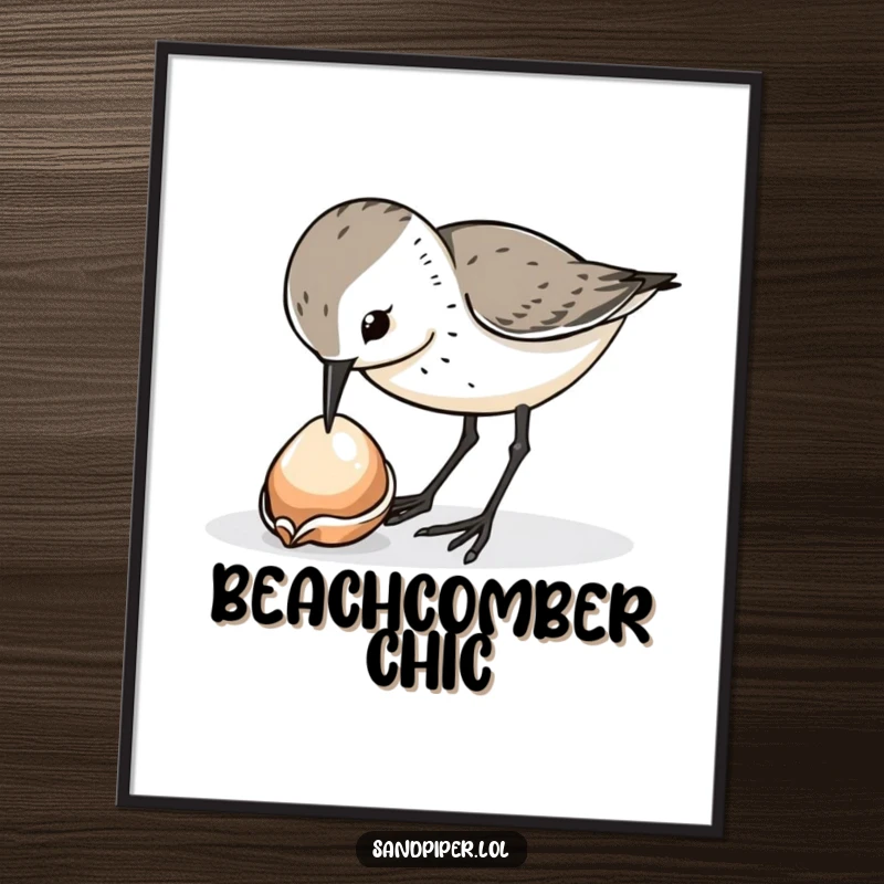 Funny sandpiper bird digital art print, curiously pecking at a shiny dropped shell, instant download, cute funny gift.