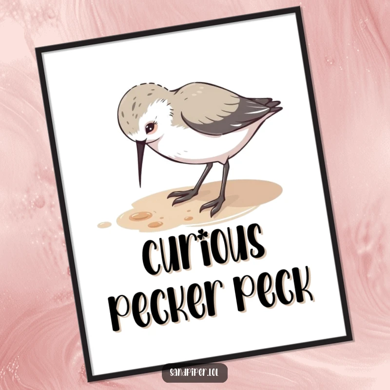 Funny digital art print of a cute sandpiper character pecking at the ground with playful curiosity, offering instant charming inquisitiveness.