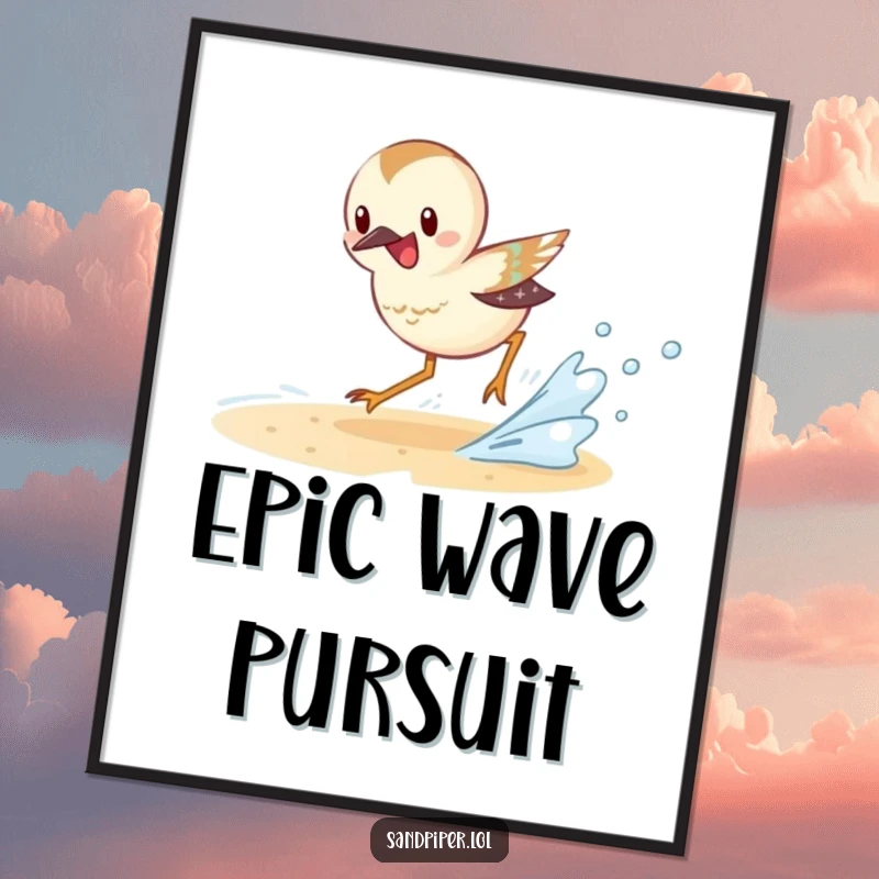 Funny Sandpiper Digital Art print of an excited sandpiper character chasing a small wave, ideal for energetic beach decor.