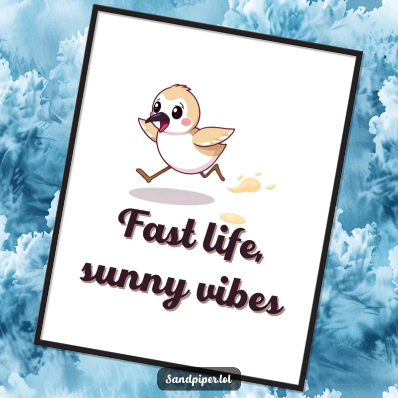 Funny digital art print of a cute sandpiper character energetically running on a beach, perfect for wall decor. A great funny gift.