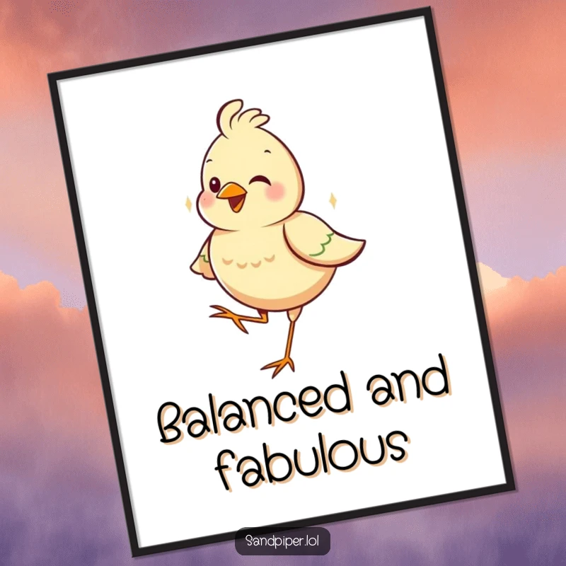 Funny digital art print of a happy bird standing contentedly on one leg, perfect for instant wall decor.