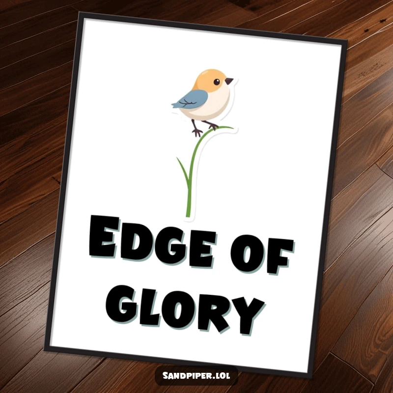 Funny digital art print of a bird shape humorously balancing on a single, thin blade of grass, perfect for lighthearted decor.