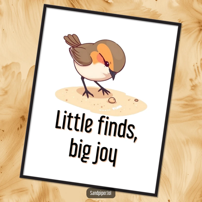 Funny digital art print of a curious bird pecking at something tiny on the sandy ground, offering intriguing decor.