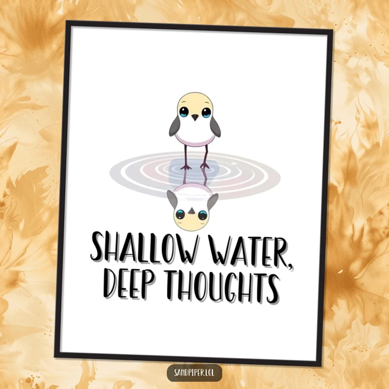 Funny digital art print of a small bird with bright eyes wading in shallow water, offering serene wall decor.