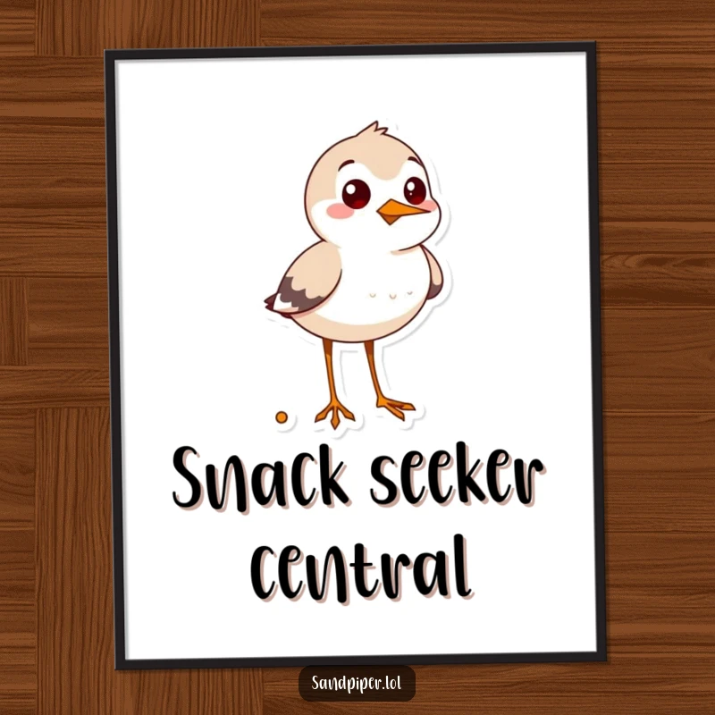 Funny sandpiper digital art print, cheerful bird with curious expression beaming while searching for snacks, foodie decor.