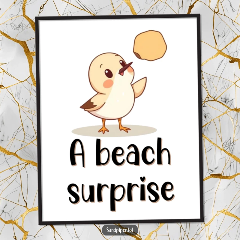 Funny Digital Art Print: A cute sandpiper looks astonished by a seashell floating unsupported in the air, a humorous coastal scene.