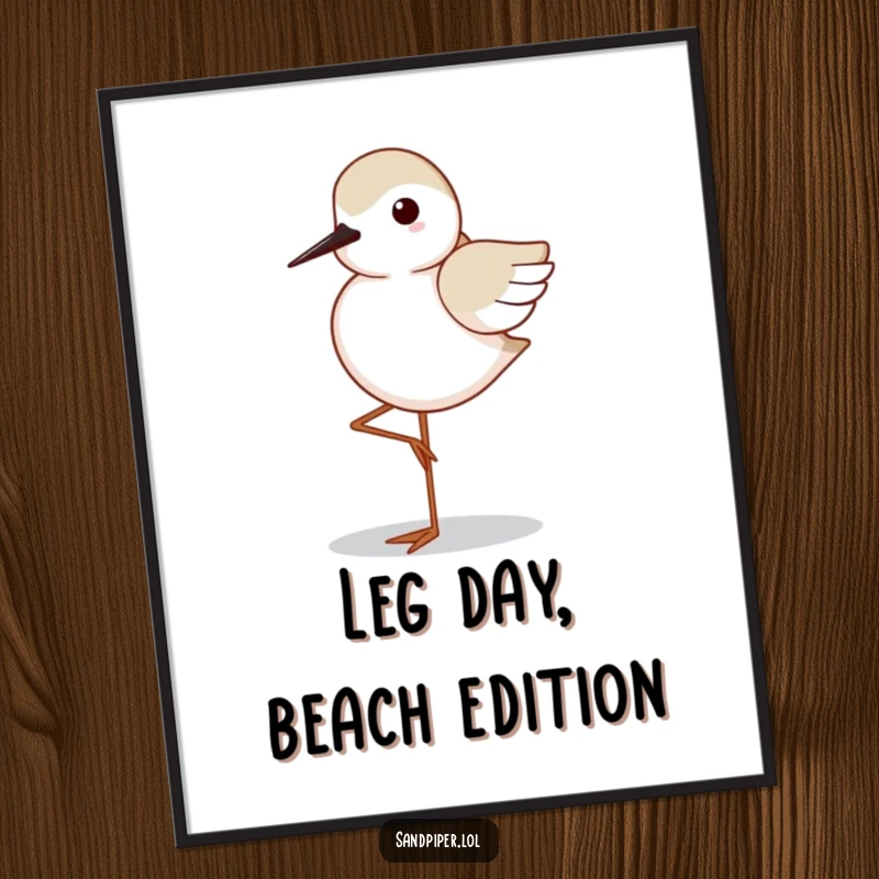 Funny Sandpiper Digital Art Print: High-quality image of a sandpiper in a humorous, perfectly balanced one-legged pose, conveying calm.