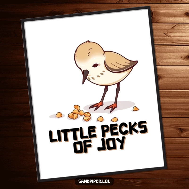Funny digital art print of a sandpiper enthusiastically pecking at scattered crumbs.