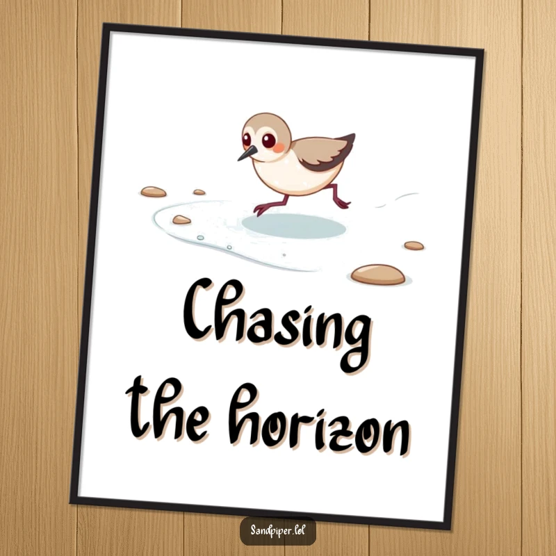 Funny digital art print of a sandpiper playfully chasing the retreating tide.