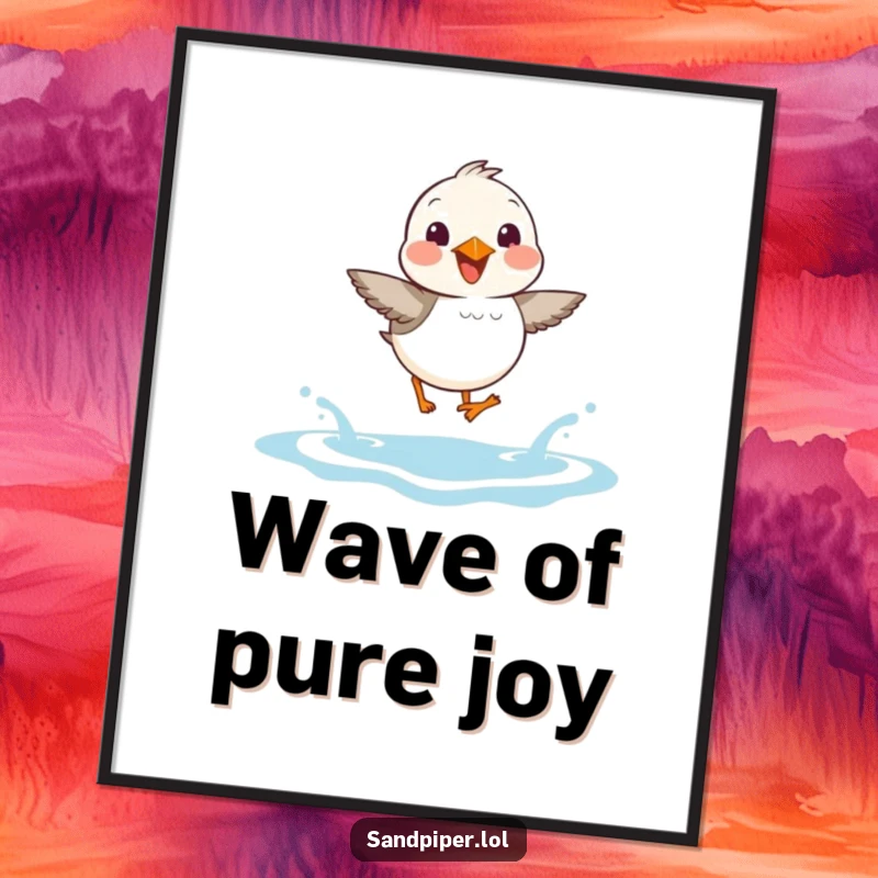 Funny Sandpiper Digital Art Print: High-quality image of a sandpiper joyfully hopping over small waves, capturing pure beach happiness.