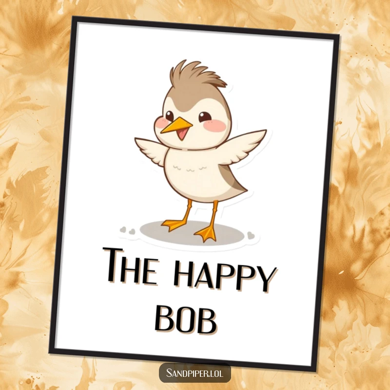 Funny sandpiper digital art print capturing a bird's happy, exaggerated head bob dance, ideal for joyful wall decor.