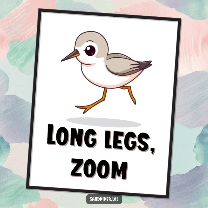 Funny digital art print of a cute sandpiper character with characteristic legs striding quickly, offering instant energetic charm.