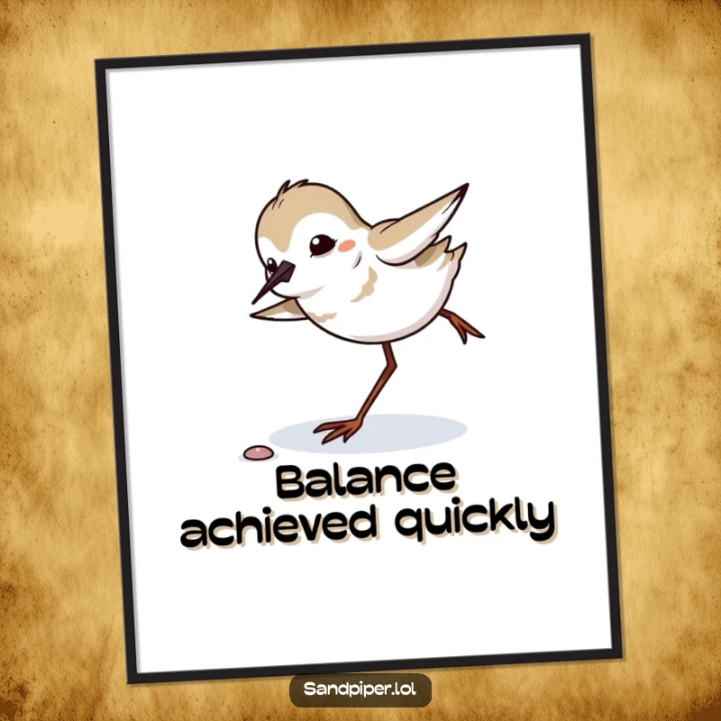 Funny sandpiper comically tripping and regaining balance, digital art print, humorous bird decor download.