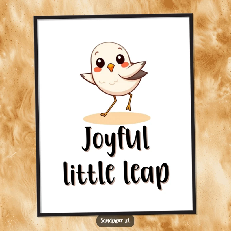 Funny digital art print of a sandpiper bird in a joyful hop, designed to bring cheer and a touch of nature.