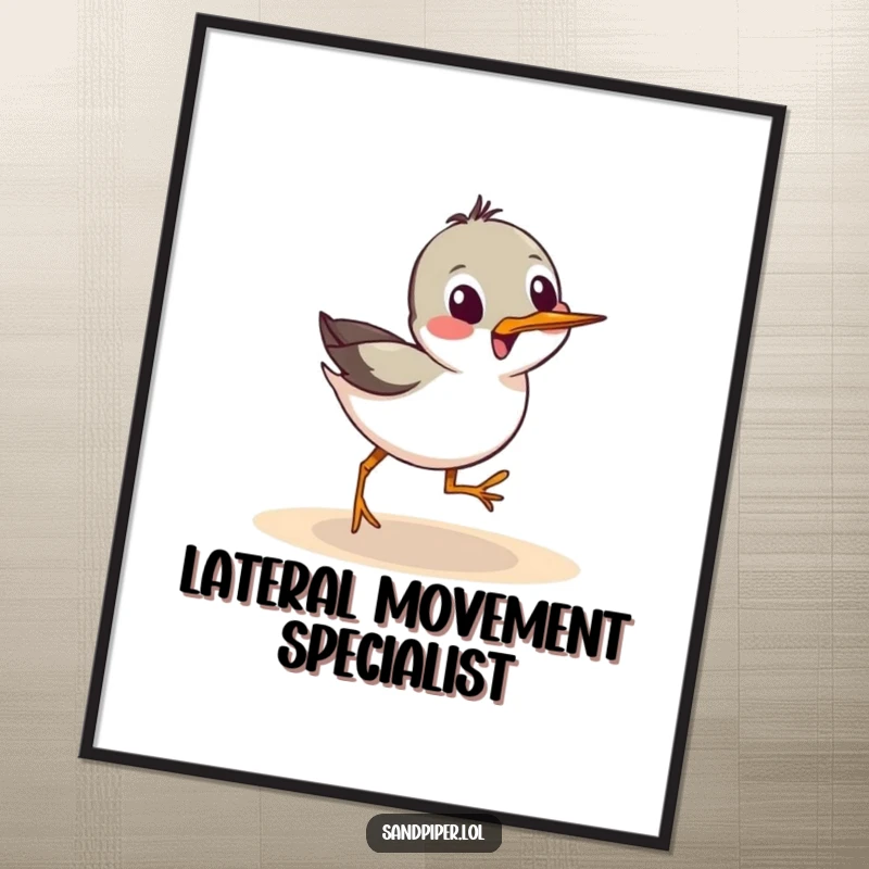 Funny Digital Art Print: A sandpiper bird performing a sideways scurry, full of playful beach energy.