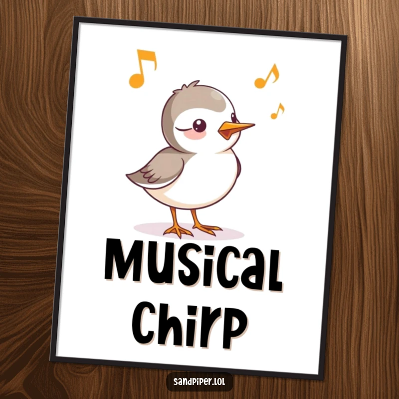 Funny digital art print of a sandpiper character whose cheerful chirp is depicted as musical notes, bringing auditory delight visually.