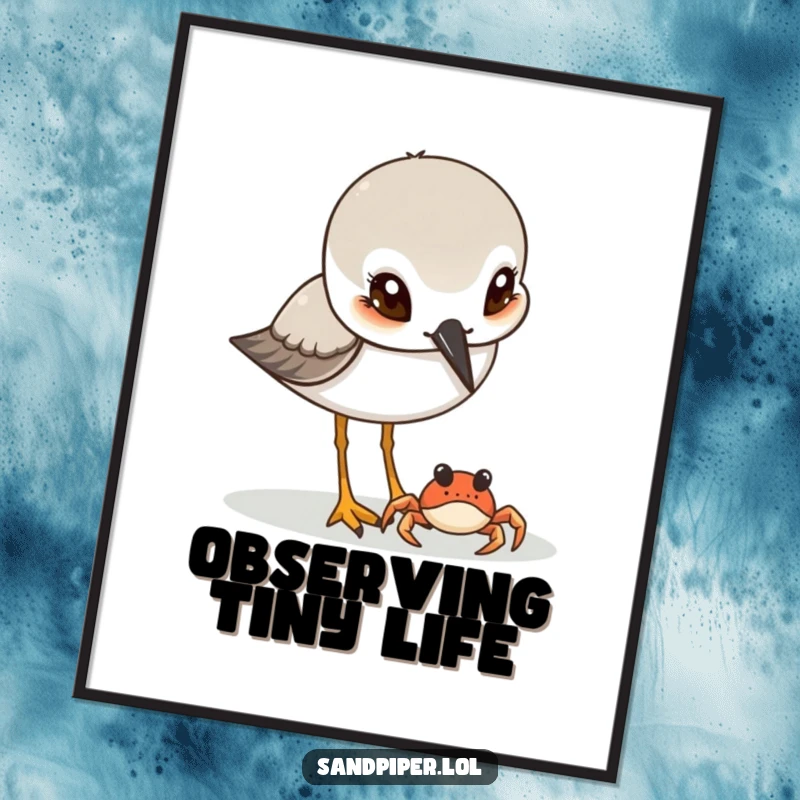 Funny Sandpiper & Crab Digital Art: A sandpiper with curious eyes observes a tiny crab, downloadable for instant charm.