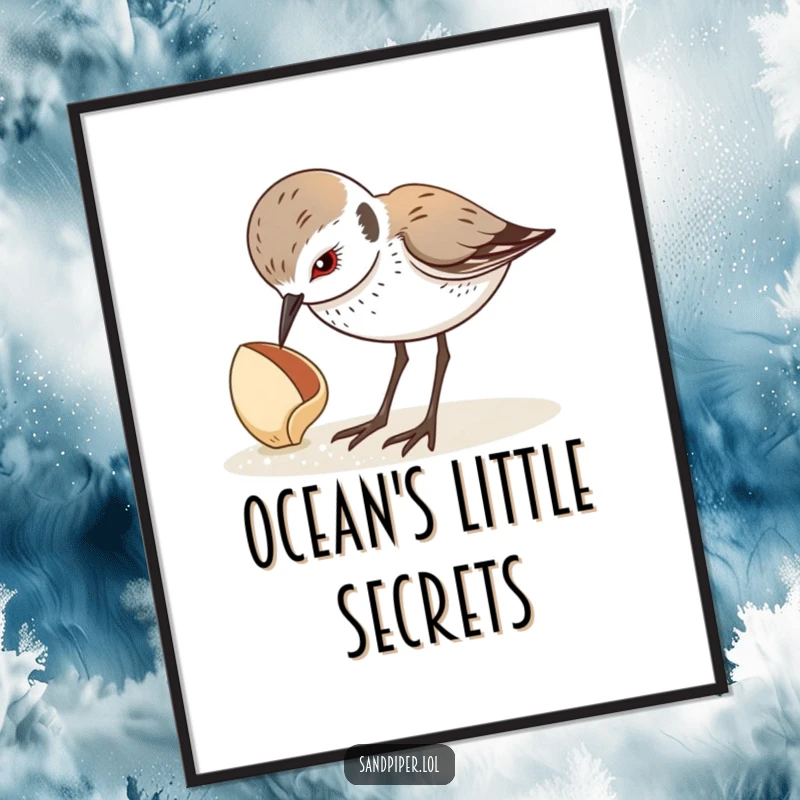 Funny digital art print of a sandpiper looking down curiously at a seashell, perfect for wall decor. A great funny gift.