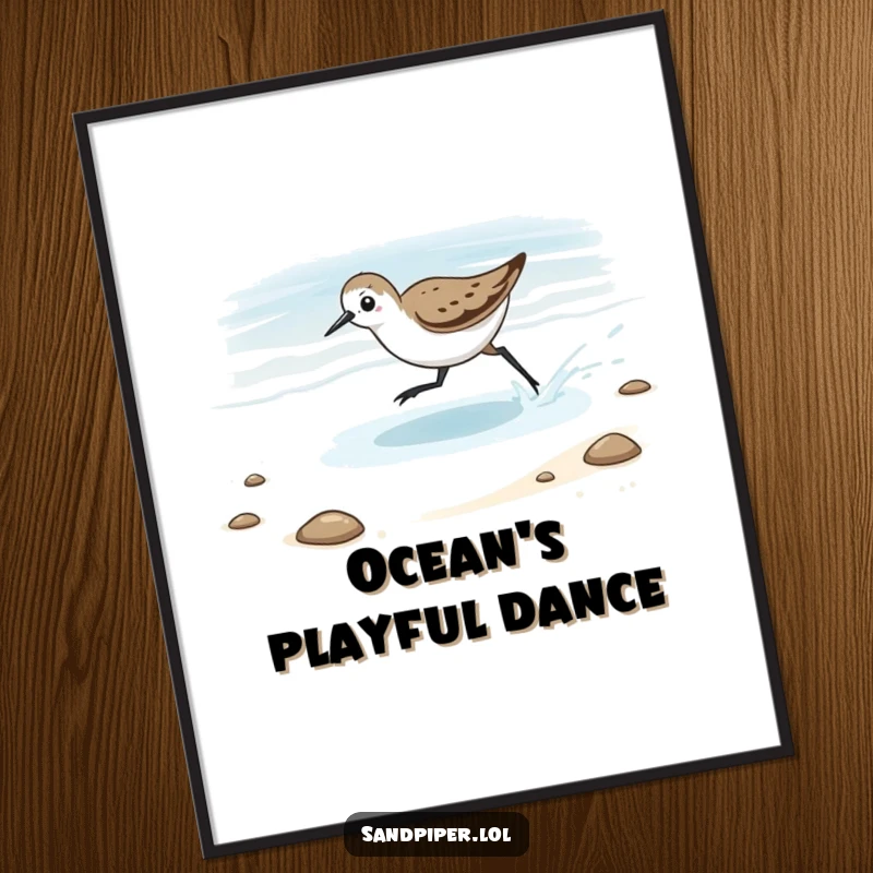 Funny Digital Art Print of a sandpiper playfully chasing the tide, an instant download of humorous coastal art.