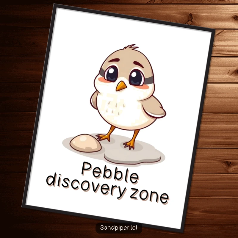 Funny sandpiper digital art print, surprised bird with raised eyebrows pecking at a shiny pebble, coastal decor.