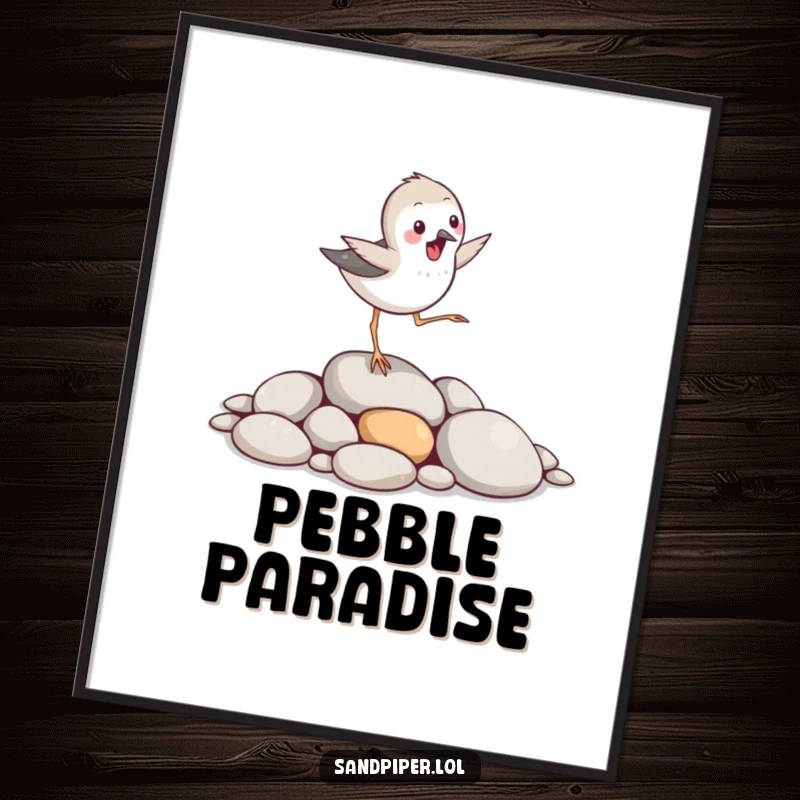 Funny sandpiper bird digital art print, hopping excitedly over smooth pebbles, instant download, cute funny gift.