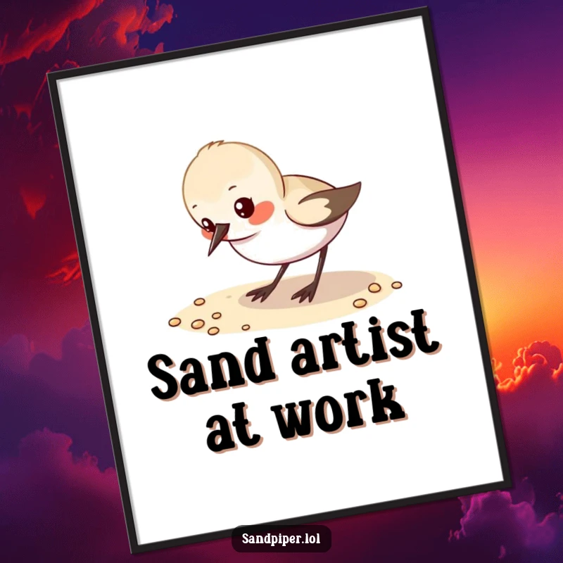 Funny Digital Art: A small sandpiper character pecks at grains of sand, a charming and humorous illustration.