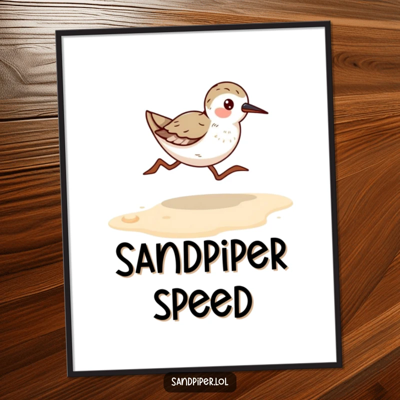 Funny Sandpiper Runner Digital Art: High-resolution printable of a bird running on a sandy shore, perfect for coastal decor.