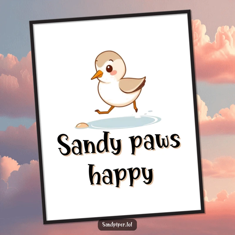 Funny digital art print of a cute sandpiper happily running along a tiny shore, capturing pure beachside delight.
