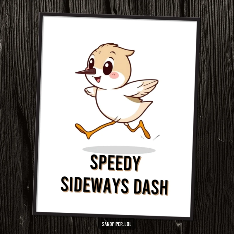 Funny Sandpiper Digital Art Print, a high-resolution artwork of a cartoon bird running sideways with surprising speed and a happy expression.