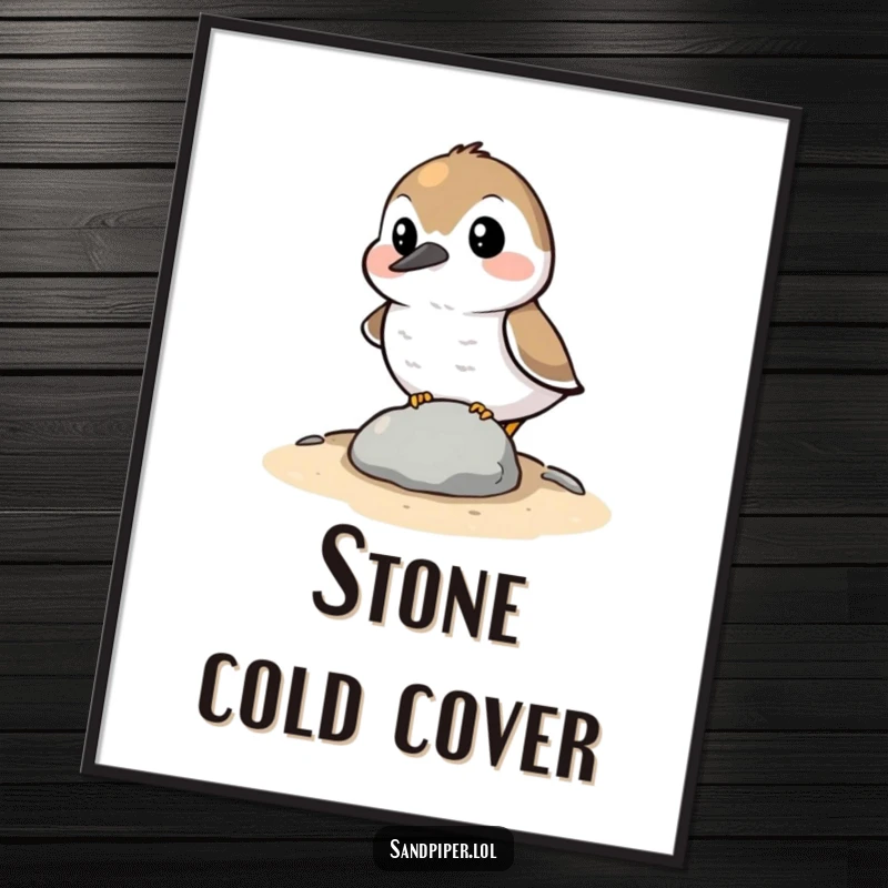 Funny Digital Art Print: A sandpiper character comically attempting to hide behind a small stone, creating a humorous and charming visual.