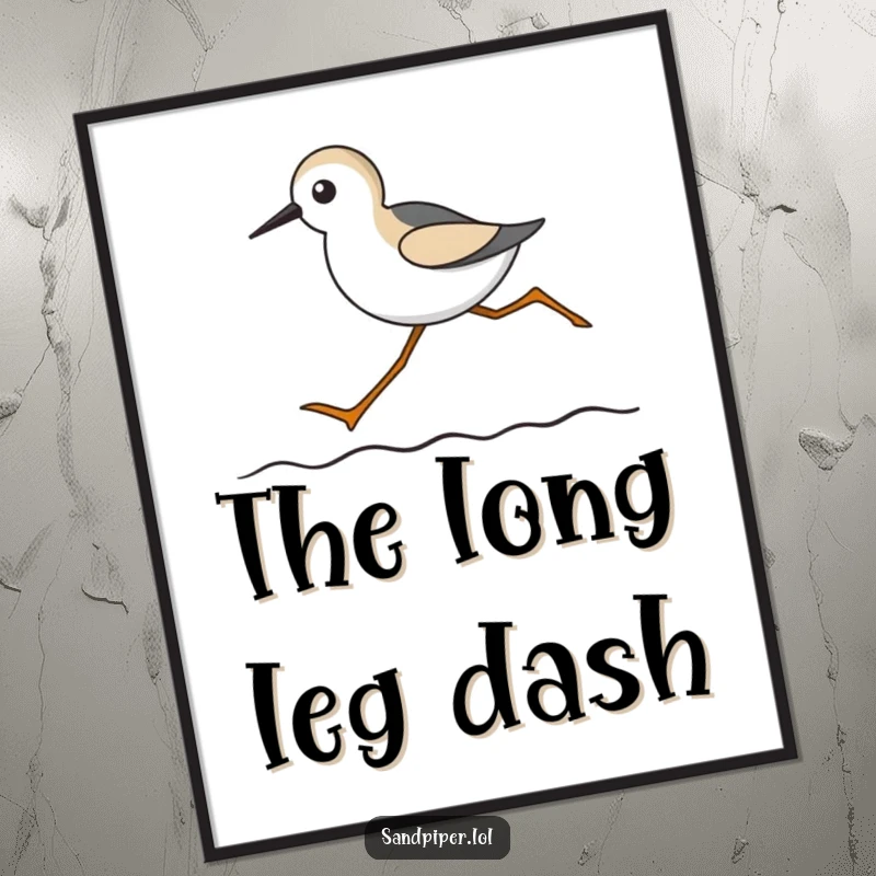 Funny digital art print of a sandpiper with comically long legs running on a wavy line, ideal for humorous decor.