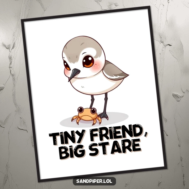 Funny sandpiper digital art, curious bird watching tiny crab, humorous download, instant wall decor, great gift.