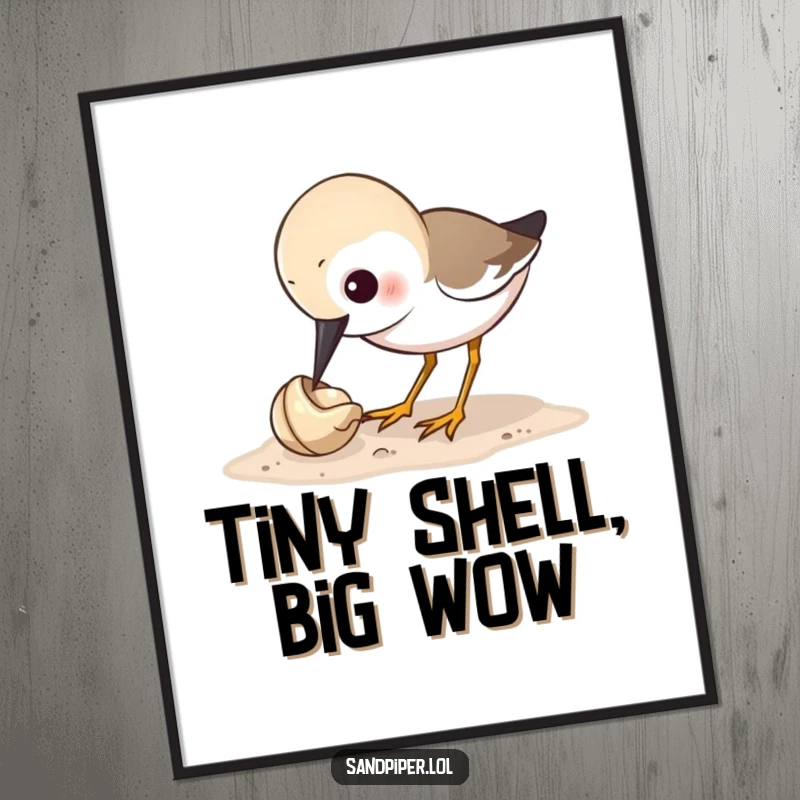 Funny sandpiper digital art print featuring a bird humorously pecking a tiny shell, perfect for instant, quirky wall decor.