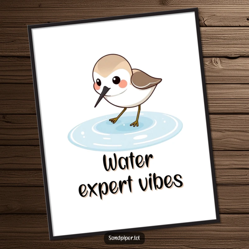 Funny Sandpiper Digital Art print of a joyful sandpiper character probing in shallow water, ideal for beach-themed digital decor.