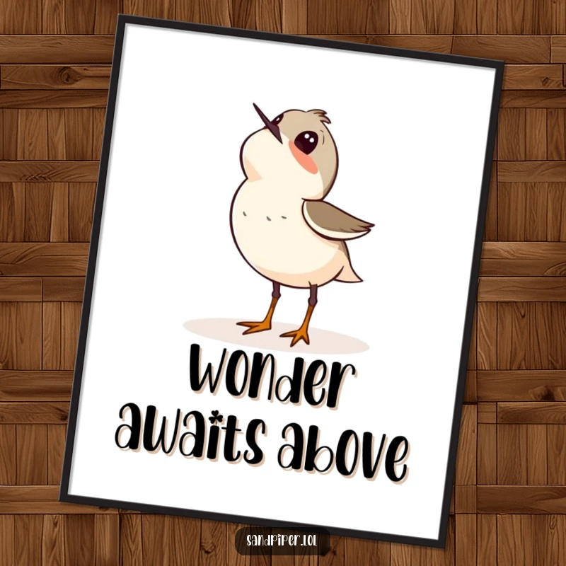 Funny digital art print of a sandpiper bird looking up at the sky with wonder, designed to inspire imagination.
