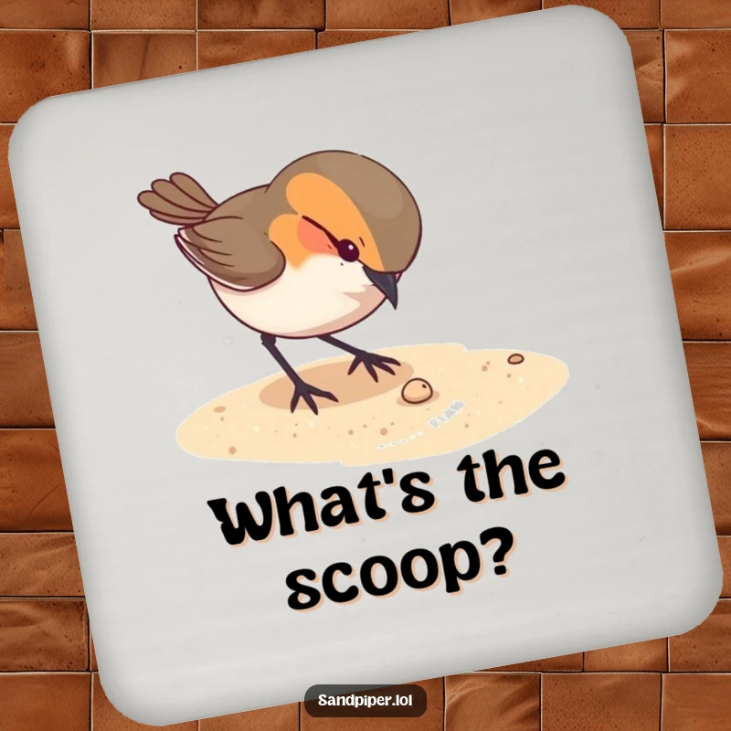 Funny drink coasters featuring a curious bird pecking at something tiny on the sandy ground, protecting surfaces with intrigue.